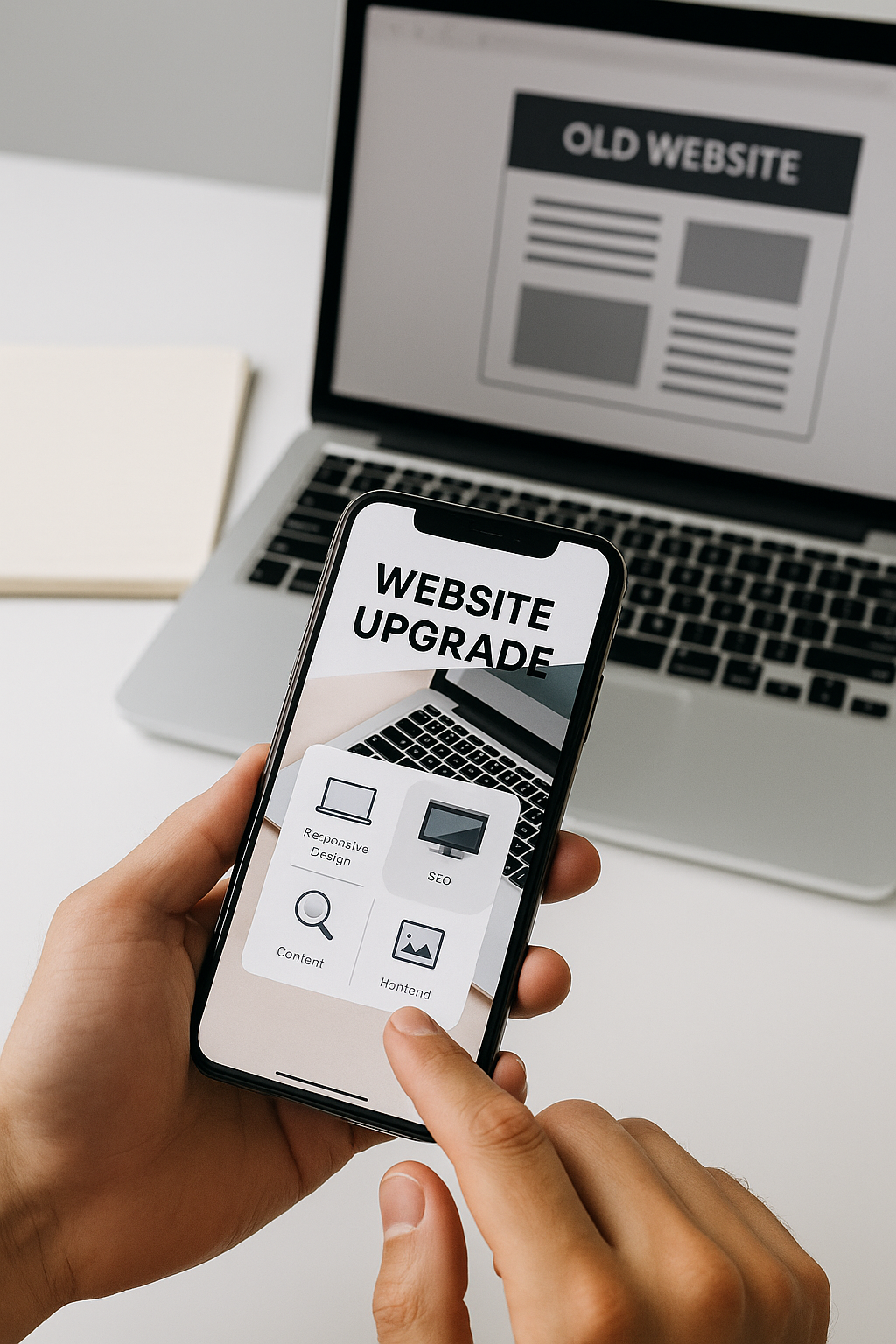 Computador portátil e smartphone com website antigo, simbolizando a necessidade de upgrade de site
